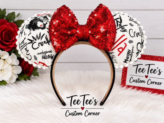 White Cruella De Vil themed mouse ears headband with red sequin bow and pearl trim